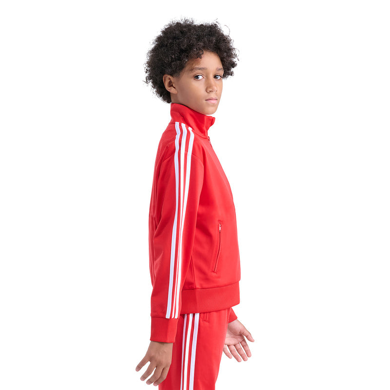 Youth red track jacket side view with white sleeve stripes and zippered front pocket