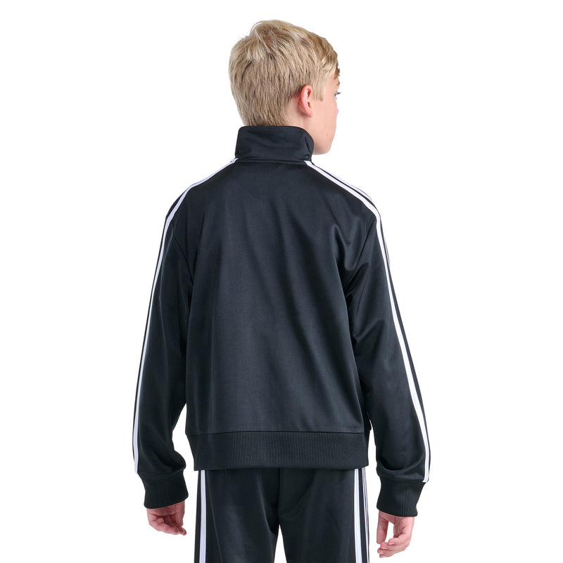 Youth black track jacket back view with white sleeve stripes and ribbed hem