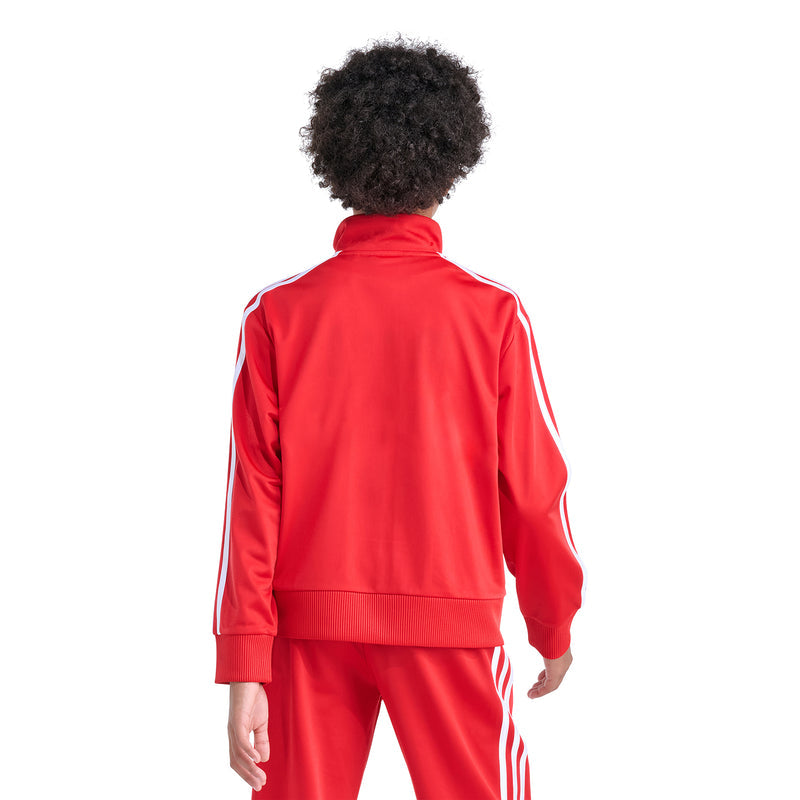 Back view of youth red track jacket with stand collar and white stripe detailing