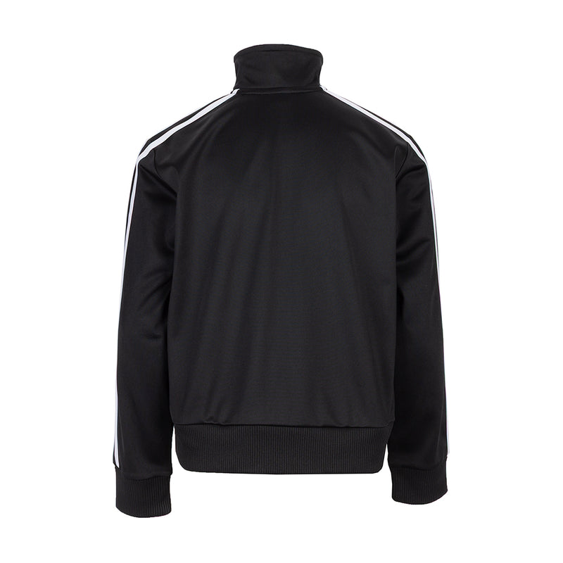 Youth black track jacket back view with standing collar and ribbed cuffs