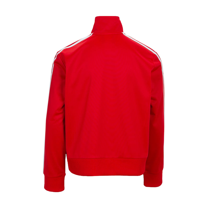 Youth red track jacket back view with stand collar and ribbed cuffs
