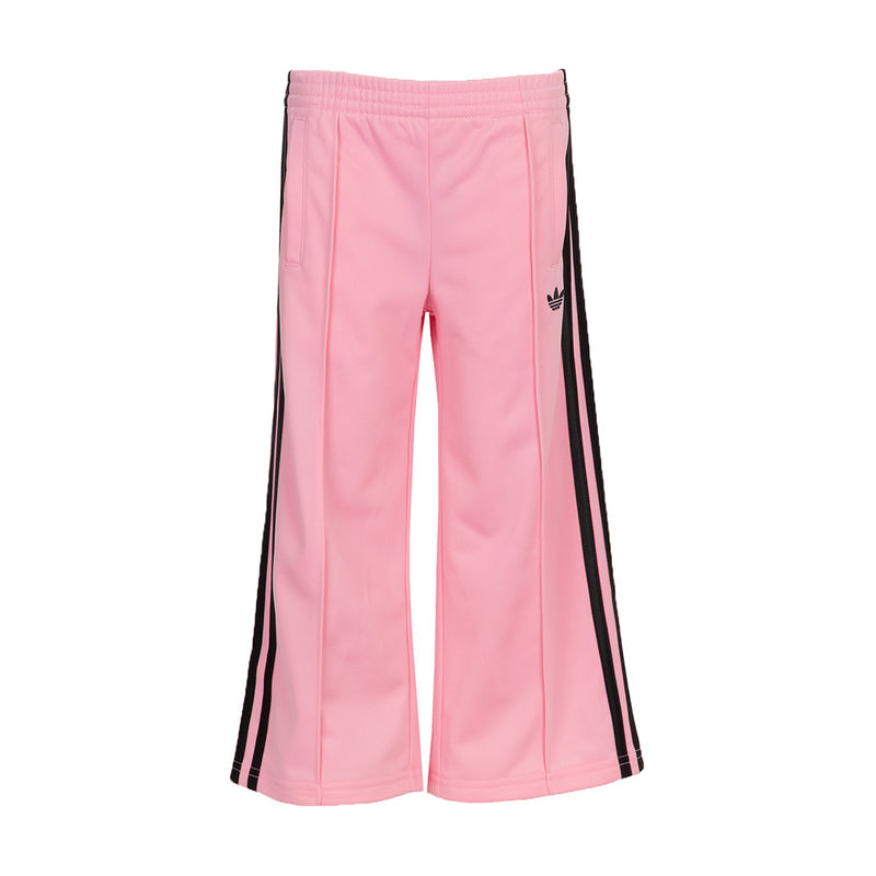 Youth light pink track pants with black side stripes and elastic waistband