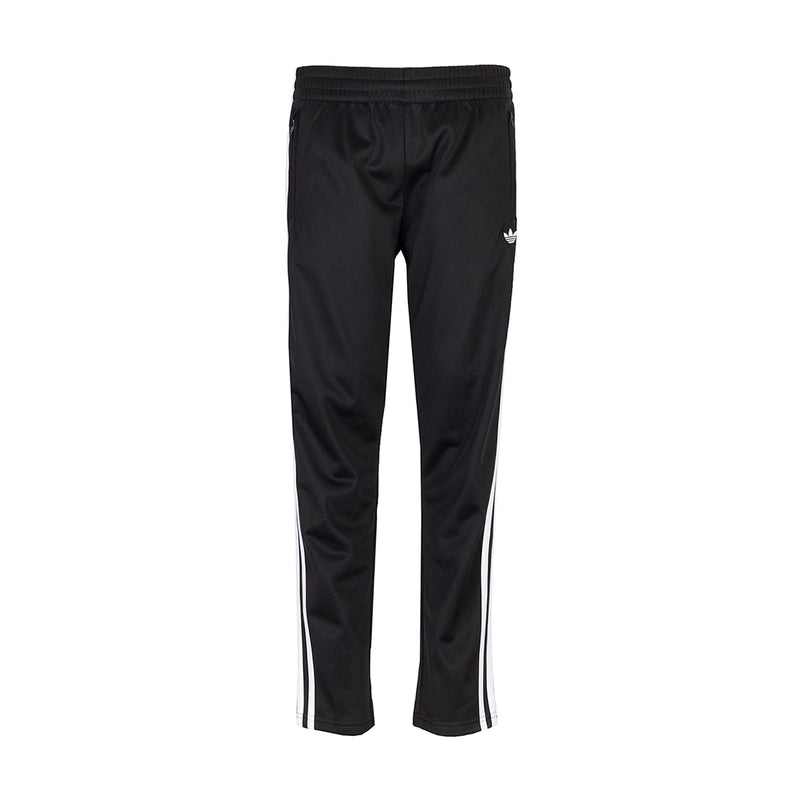 Youth black track pants with elastic waistband and white side stripes
