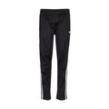 Youth black track pants with elastic waistband and white side stripes