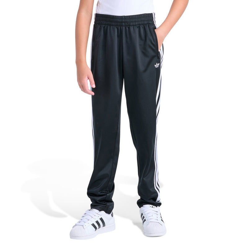 Youth black track pants with elastic waistband and white side stripe detail