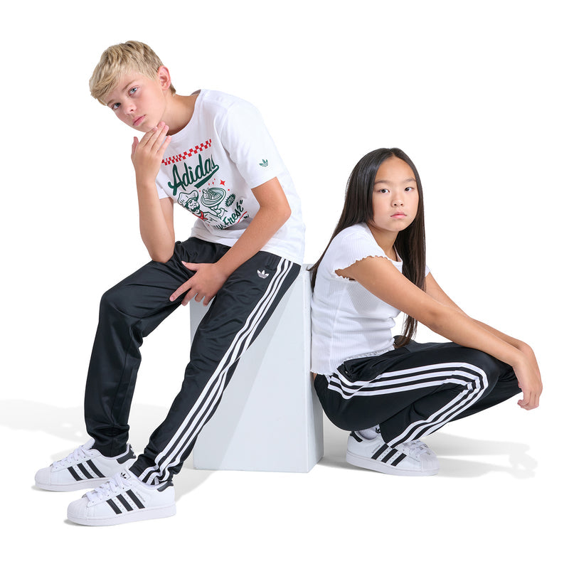 Youth black track pants with white triple side stripes and tapered cuffs