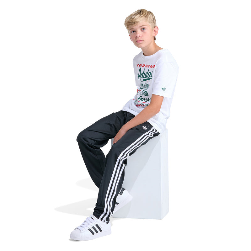 Youth black track pants with white side stripes and cuffed ankle fit