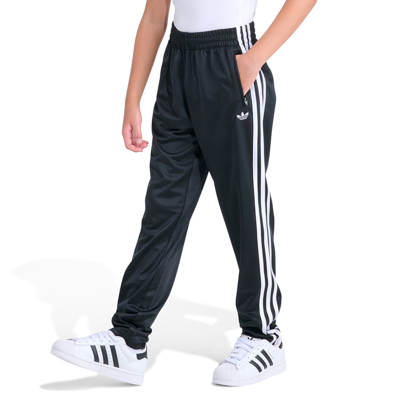 Youth black track pants with elastic waist and white side stripe panels