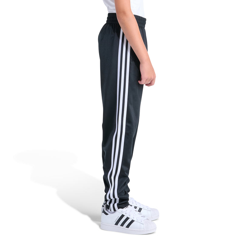 Youth black track pants showing full length with white vertical side stripes