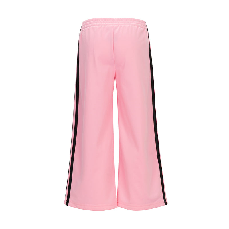 Youth light pink wide-leg track pants with black side stripe panels and elastic waist