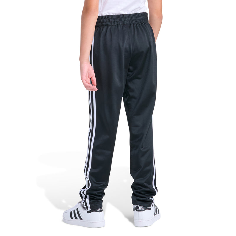 Youth black track pants with elastic waist, white stripe down the leg