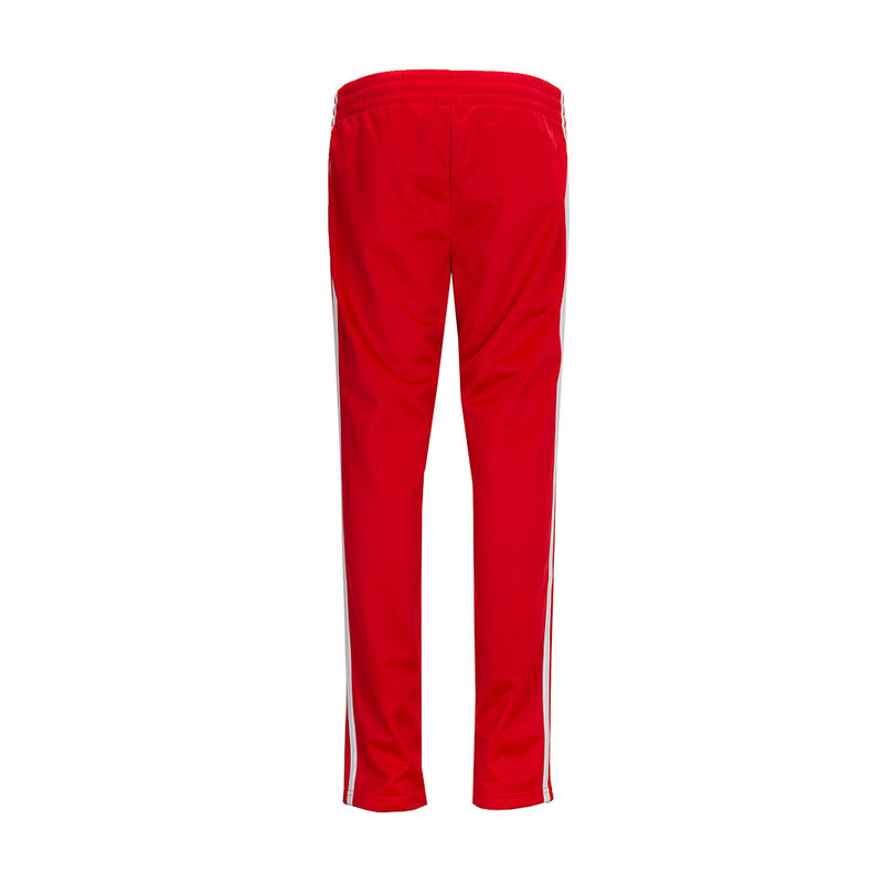 Youth red track pants back view with white side stripes