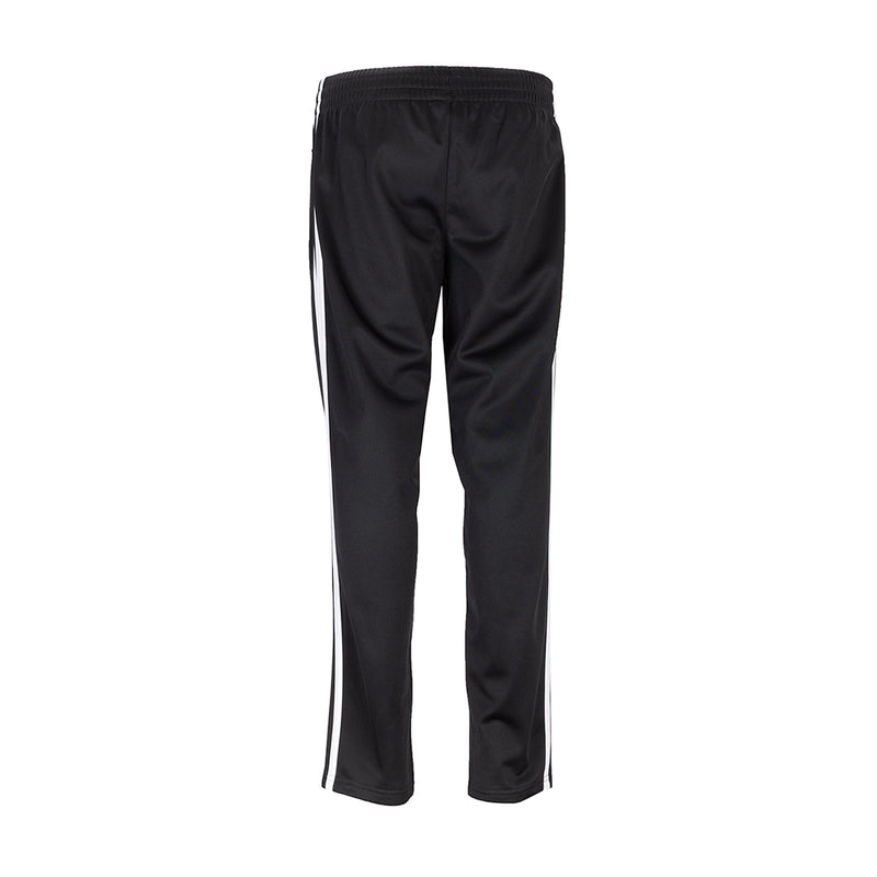 Youth black track pants, back view, with white side stripe accents