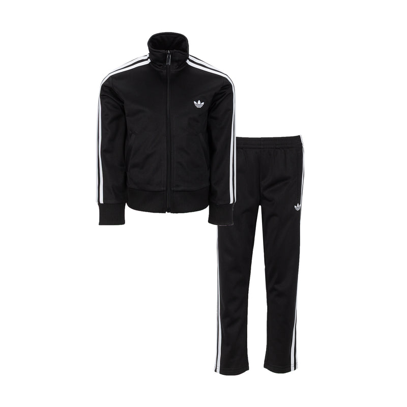 Kids black track jacket and pants set with full-zip and white triple side stripes.