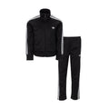 Kids black track jacket and pants set with full-zip and white triple side stripes.