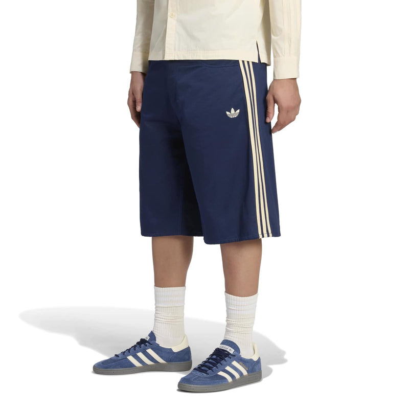 Men's navy twill jorts with side triple stripes and trefoil emblem