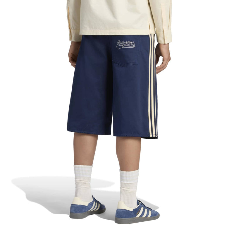 Men's navy twill jorts with script logo on back pocket and side triple stripes