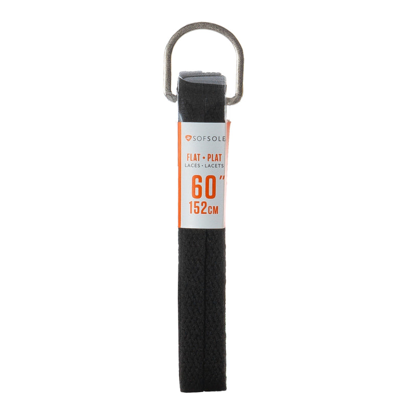 Black flat shoelaces, 60 in (152 cm) in a retail package with hanging loop