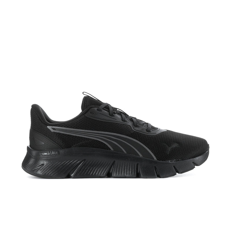 Men's black lace-up running shoes with textured upper and cushioned sole