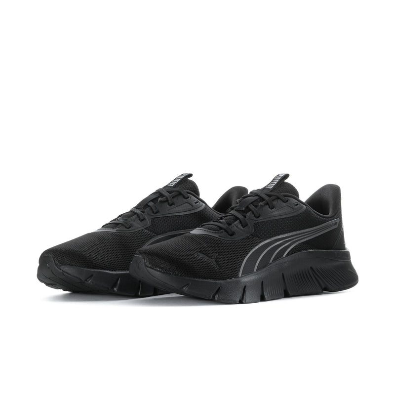 Men's black running shoes, lace-up front with thick tread and foam midsole