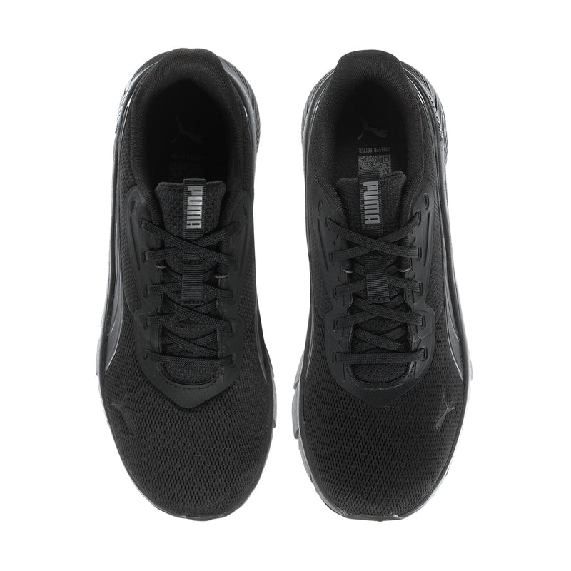 Men's black sneakers front view with lace-up closure and low-profile tongue