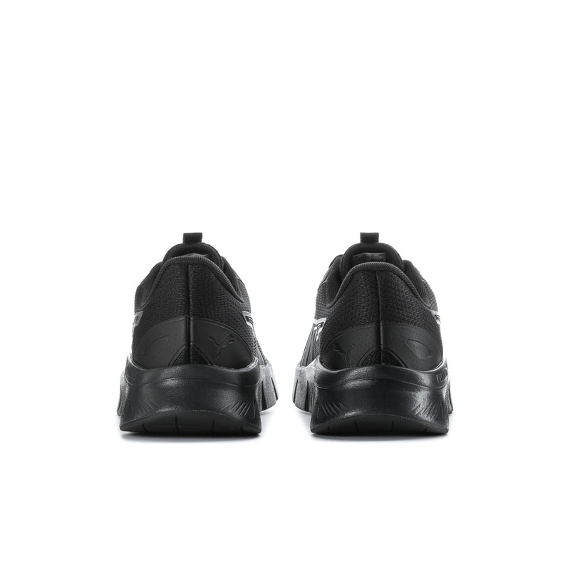 Men's black running shoes with heel cups, rear pull tab, and molded back