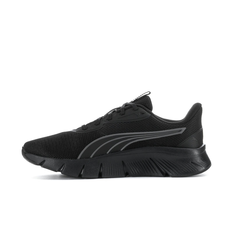 Men's black lace-up running shoes with side stripe graphic and chunky tread sole