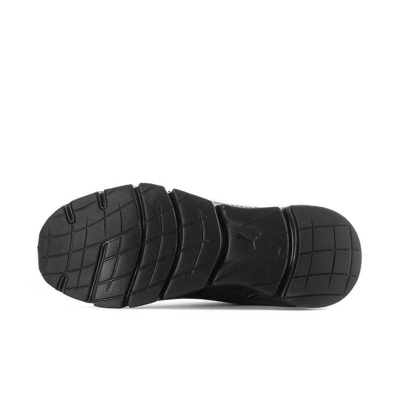 Men's black running shoe outsole with grid tread and deep traction blocks