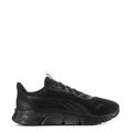 Black athletic sneaker with lace-up closure and ribbed tread sole
