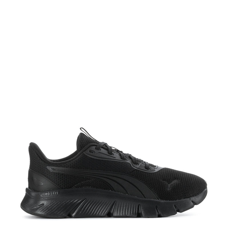 Black athletic sneaker with lace-up closure and ribbed tread sole