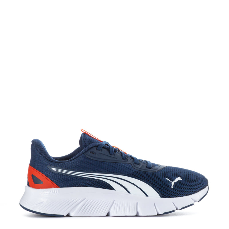 Youth navy mesh lace-up sneakers with white midsole and orange heel accents, Puma