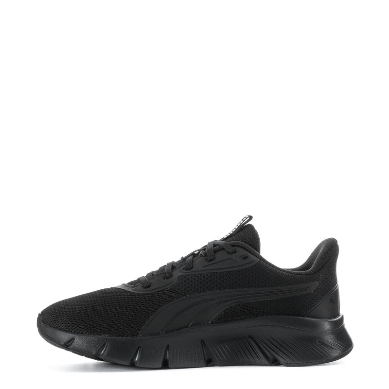 Black mesh athletic sneaker with lace-up closure and chunky cushioned sole