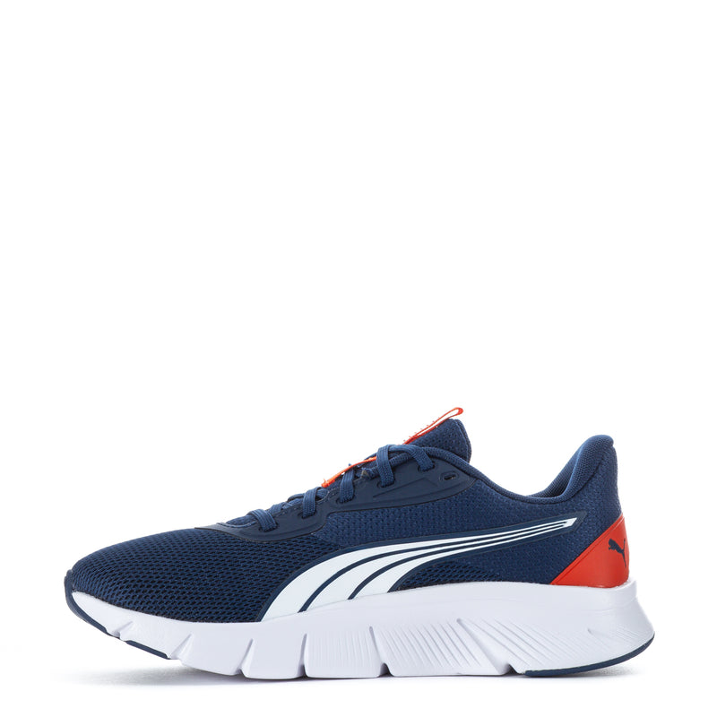 Youth navy lace-up sneakers with white logo stripe, orange side panel, Puma