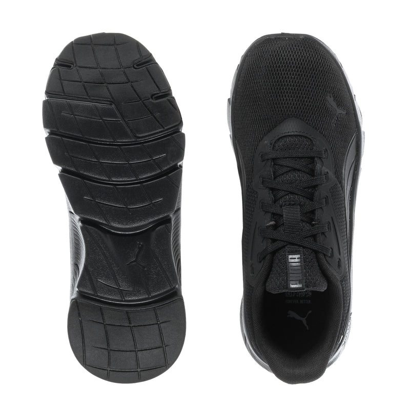 Black sneakers shown from outsole and top views, with lace-up upper and tread