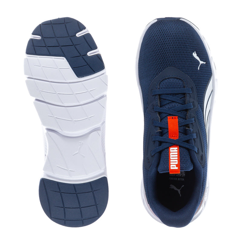 Youth sneaker soles and navy upper interior view, white tread, orange label, Puma