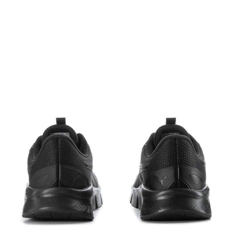 Black athletic sneakers with padded collar, laces, and cushioned heel