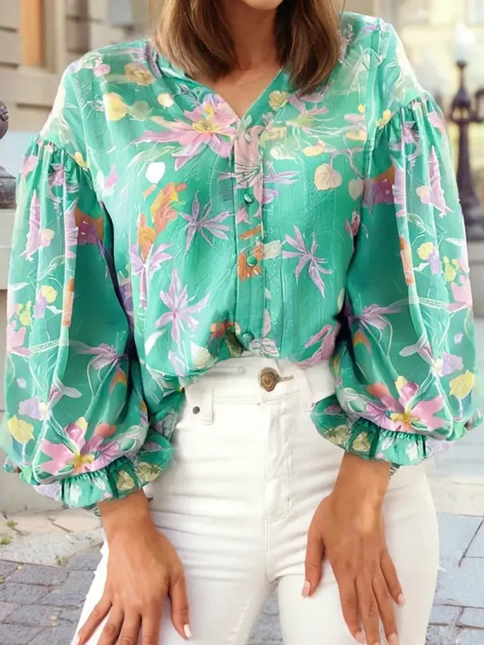 Floral Lantern Sleeve Button Front Shirt