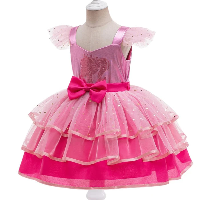 Fly Sleeve Barbie Party Dresses for Girl Pink Tulle Princess Dress Birthday Prom Gown