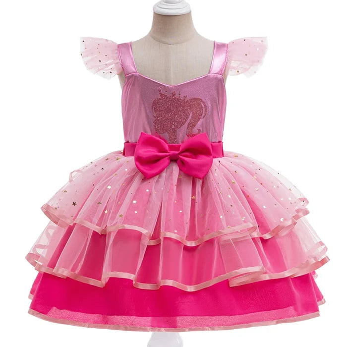 Fly Sleeve Barbie Party Dresses for Girl Pink Tulle Princess Dress Birthday Prom Gown
