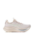 Women's running shoes in light beige with pastel green side logo, lace-up