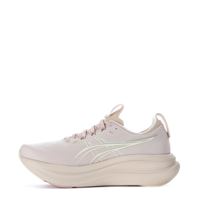 Women's running shoes, light beige/cream, side profile with lace-up and cushioned sole