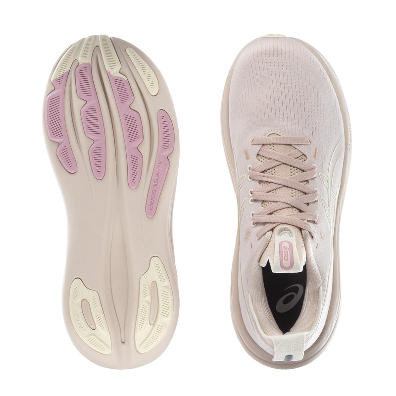Women's running shoes outsole and interior, light beige with pink and light-green details