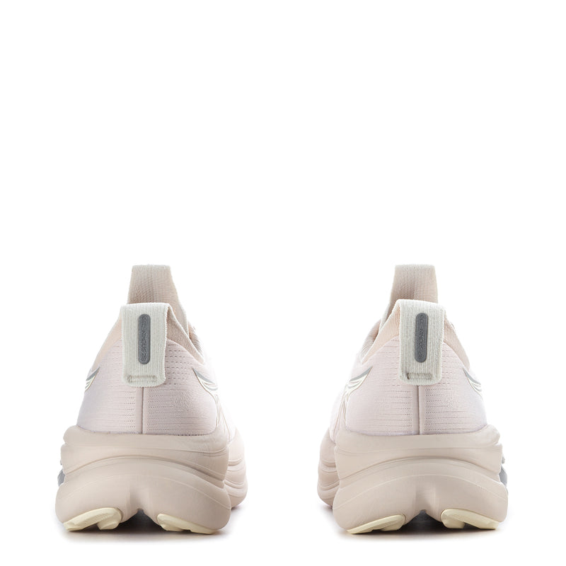 Women's running shoes heel view, light beige/cream, pull tab and cushioned sole