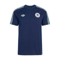 Men's Collegiate navy tee with white trefoil and circular crest patches, raglan stripes.
