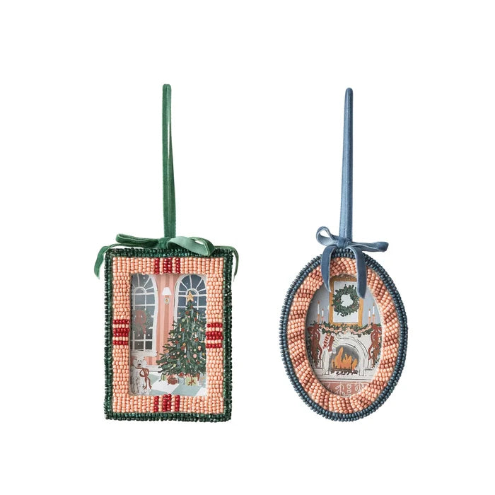 Glass Beaded Photo Frame Ornament with Velvet Bow