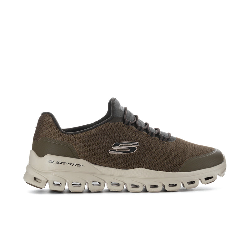Men's wide olive-brown mesh sneaker with dark laces and white cushioned outsole