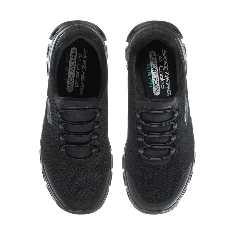 Men's black wide lace-up sneakers, tongue and inner lining tag visible