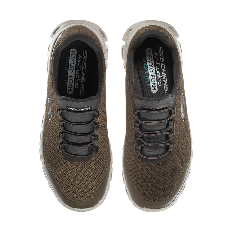 Men's wide olive-brown sneakers with black lace-up closure and cushioned tongue lining