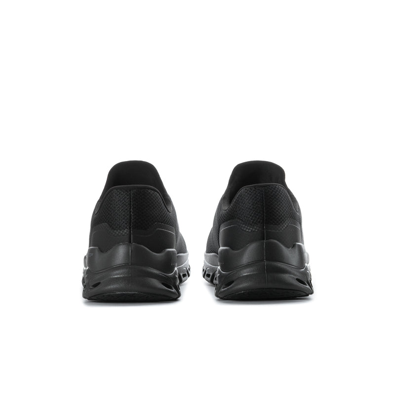Men's black wide lace-up sneakers, heel view with cushioned back panel