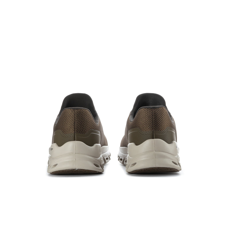 Men's wide olive-brown sneaker back view with dark heel panel and white midsole